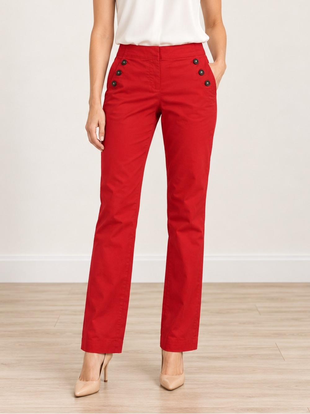 LOFT Bright Red Sailor Style Pants Button Front Chino Straight Leg Trousers
